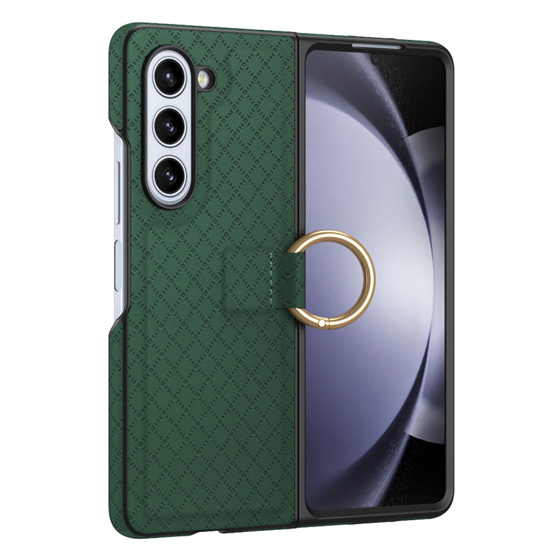 GKK Anti-Drop Phone Case for Samsung Galaxy Z Fold5 5G Grids Imprinted PU PC Phone Cover with Ring Finger Holder GKK Anti-Drop Phone Case for Samsung Galaxy Z Fold5 5G Grids Imprinted PU PC Phone Cover with Ring Finger Holder